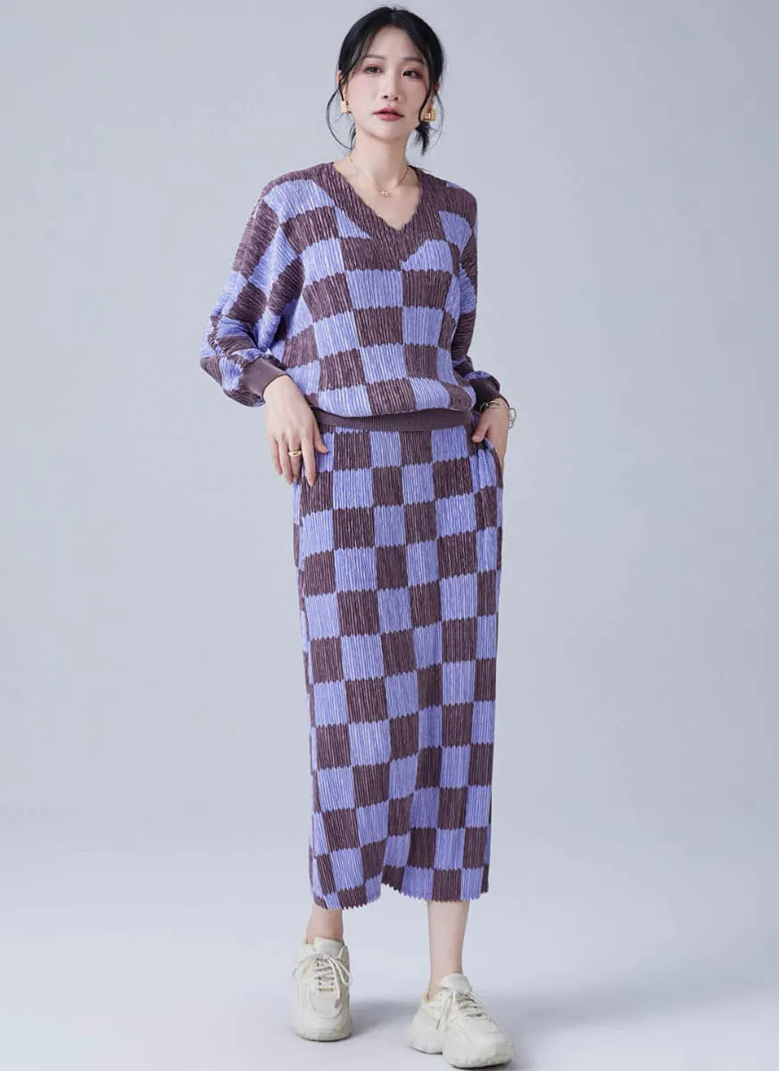 9240015 V-Neck Checked Pleats Top & Skirt Set *Last Set