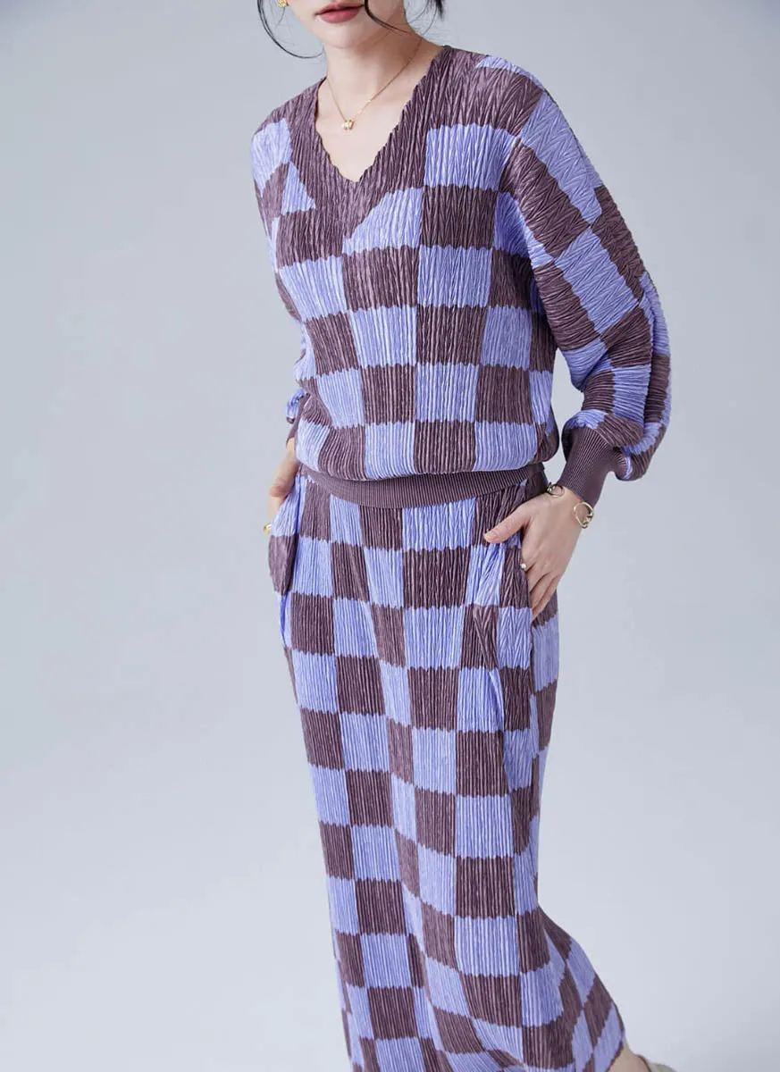 9240015 V-Neck Checked Pleats Top & Skirt Set *Last Set