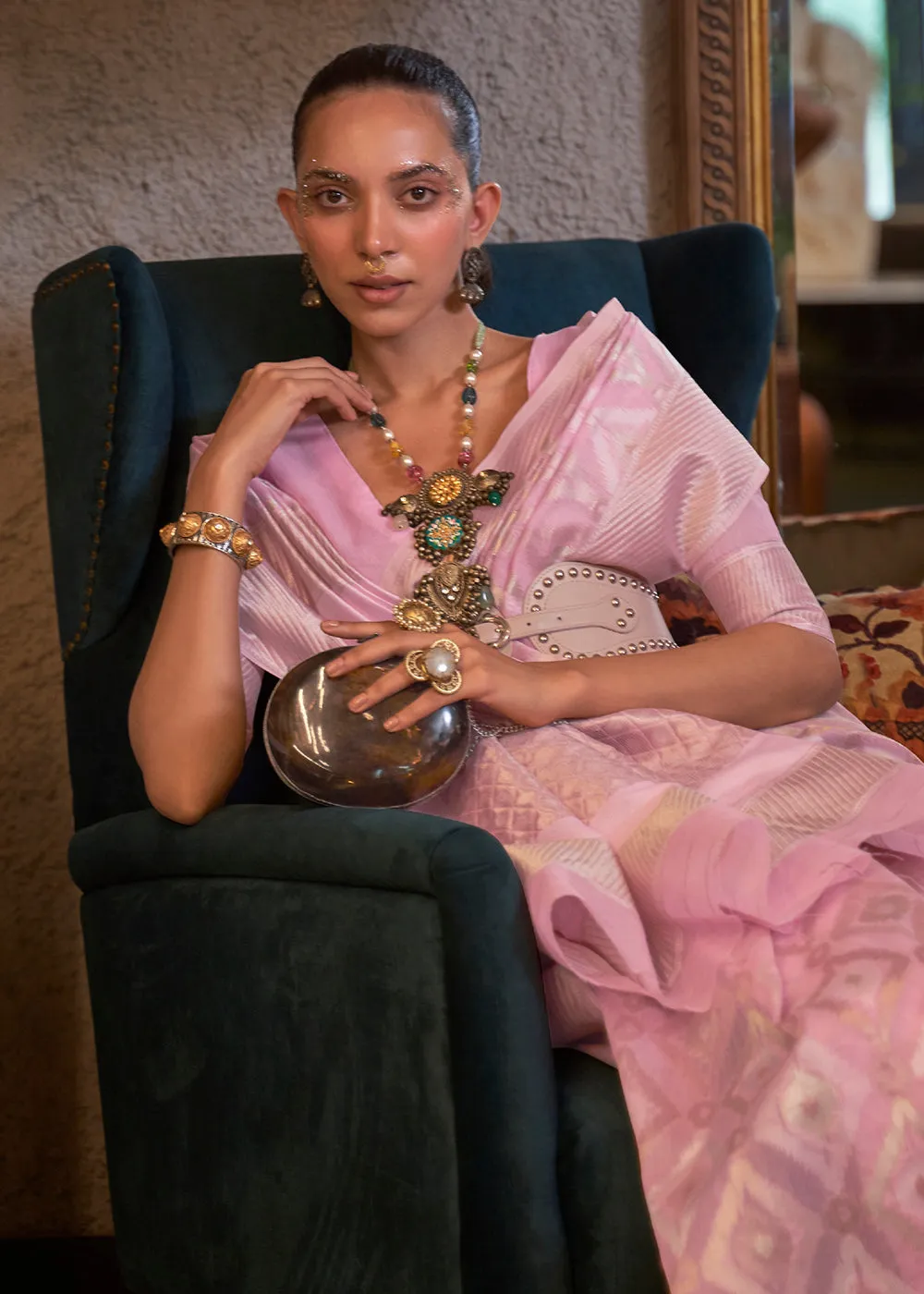 Astounding Pink Zari Weaving Linen Designer Saree
