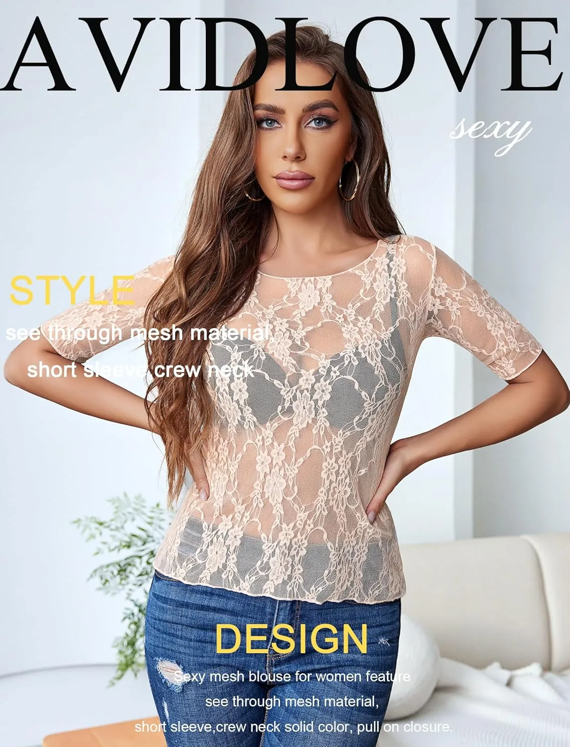 Avidlove Mesh Top for Women Short Sleeve Crew Neck Fitted Top Solid & Floral Lace Tee Shirts
