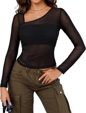 Avidlove Mesh Top Women Sexy Long Sleeve Asymmetrical Neck Sheer Fitted Halloween Crop Top y2k