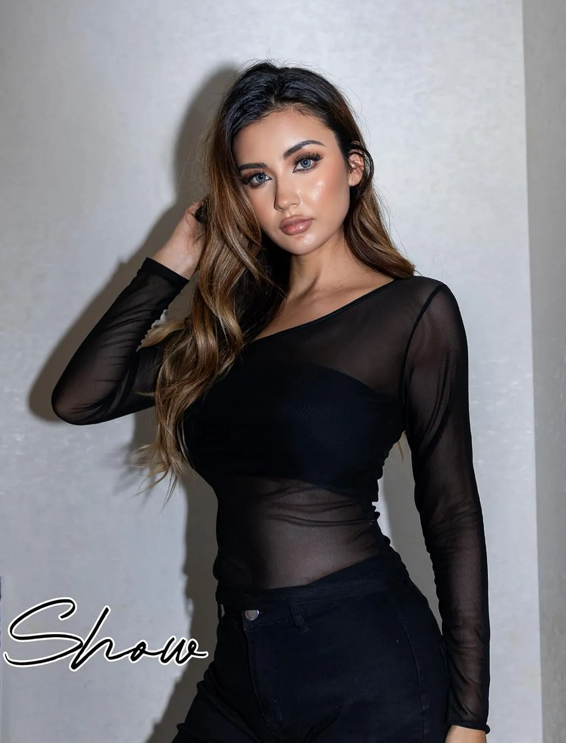 Avidlove Mesh Top Women Sexy Long Sleeve Asymmetrical Neck Sheer Fitted Halloween Crop Top y2k