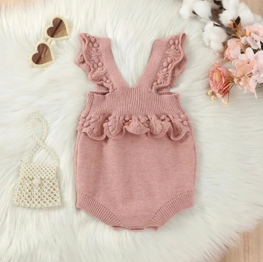Baby Girls Dusty Rose Knit Ruffle Shoulder Romper