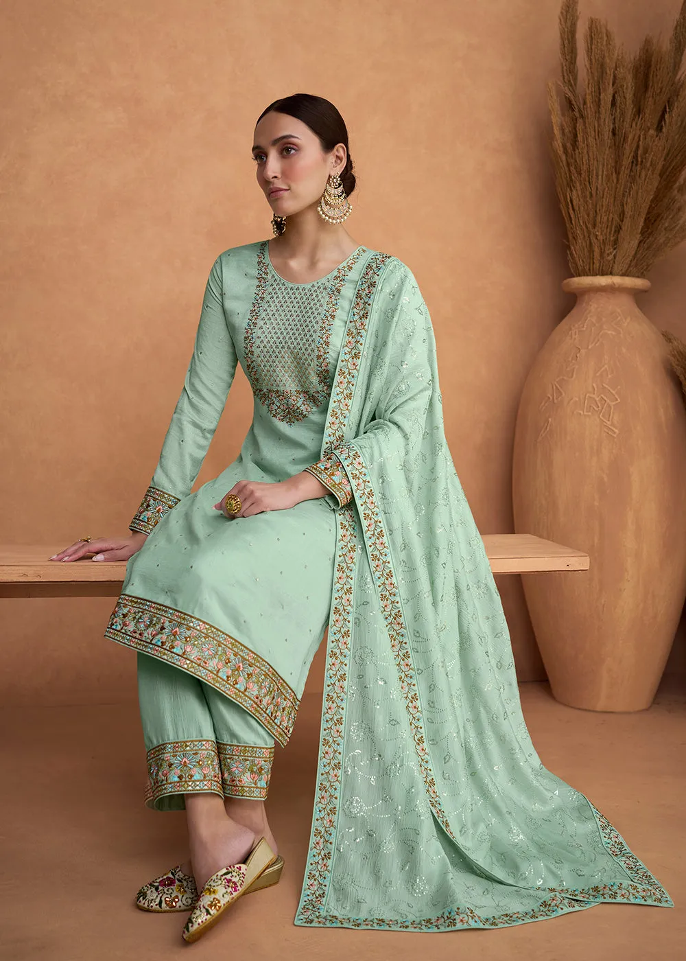 Beautiful Sea Green Premium Silk Pant Style Salwar Suit