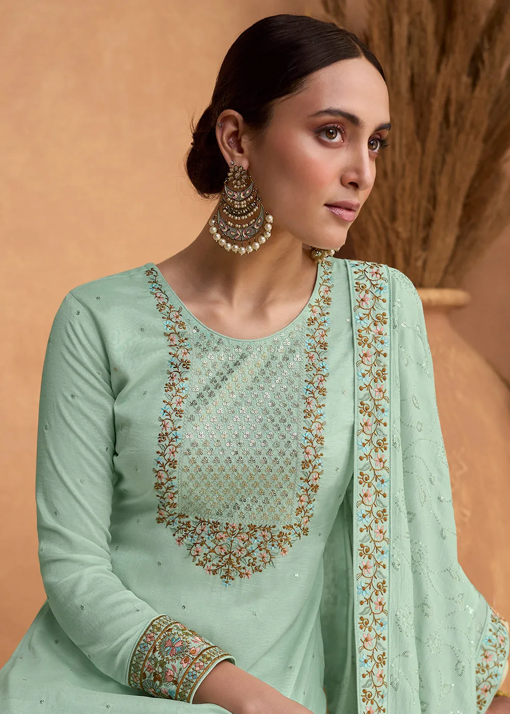 Beautiful Sea Green Premium Silk Pant Style Salwar Suit