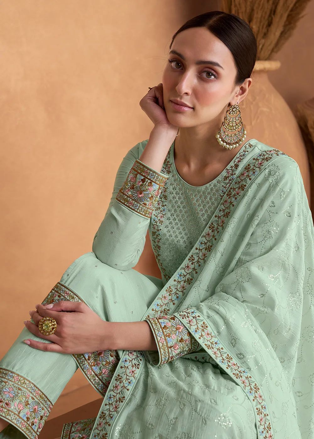 Beautiful Sea Green Premium Silk Pant Style Salwar Suit