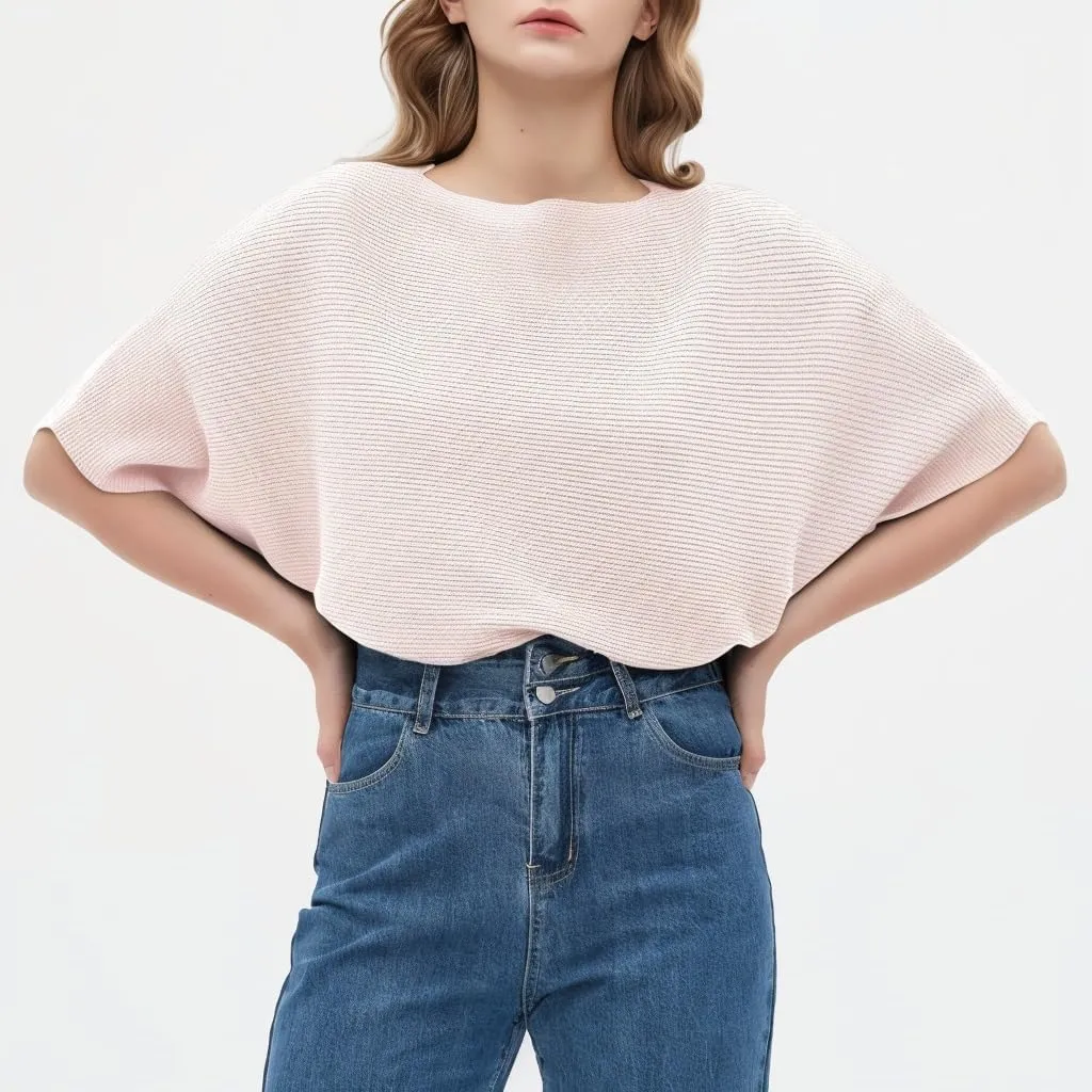 Boat Neck Short Batwing Sleeve Pullover Knit Sweaters Off Shoulder Cute Tops for Women