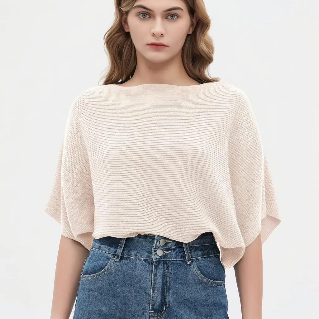 Boat Neck Short Batwing Sleeve Pullover Knit Sweaters Off Shoulder Cute Tops for Women