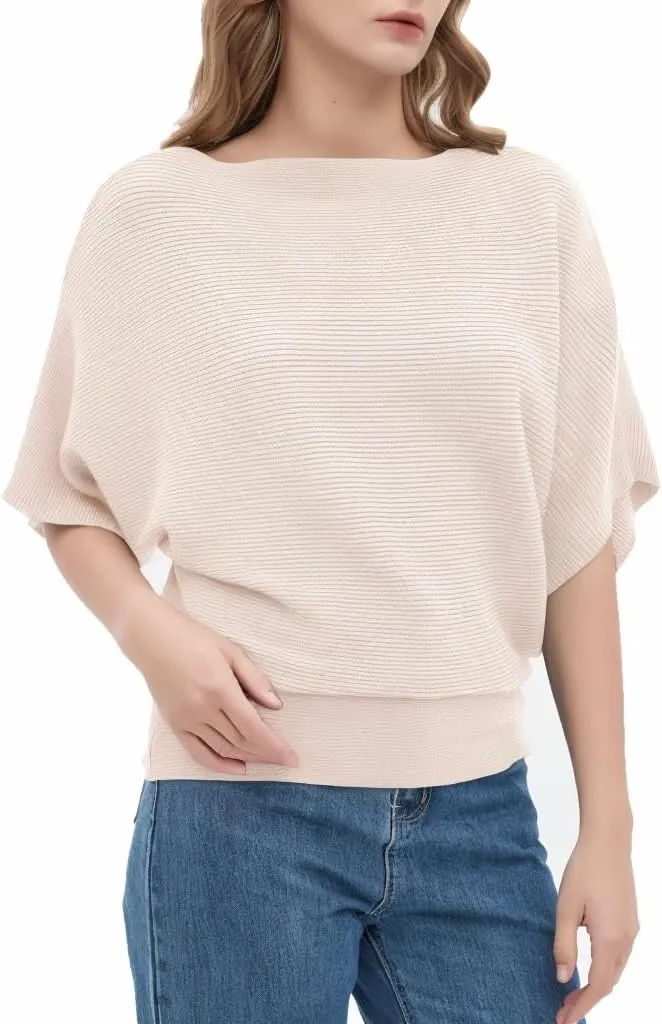 Boat Neck Short Batwing Sleeve Pullover Knit Sweaters Off Shoulder Cute Tops for Women