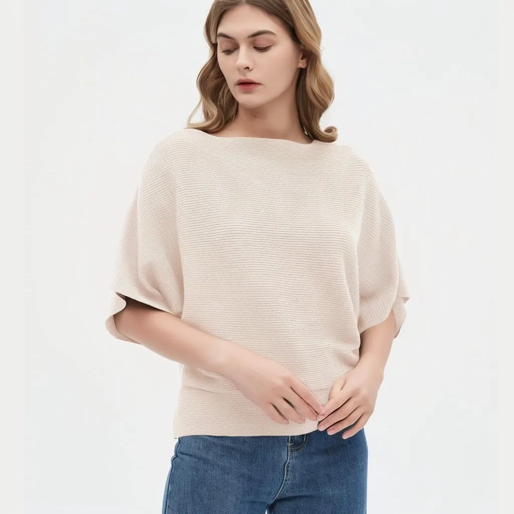 Boat Neck Short Batwing Sleeve Pullover Knit Sweaters Off Shoulder Cute Tops for Women