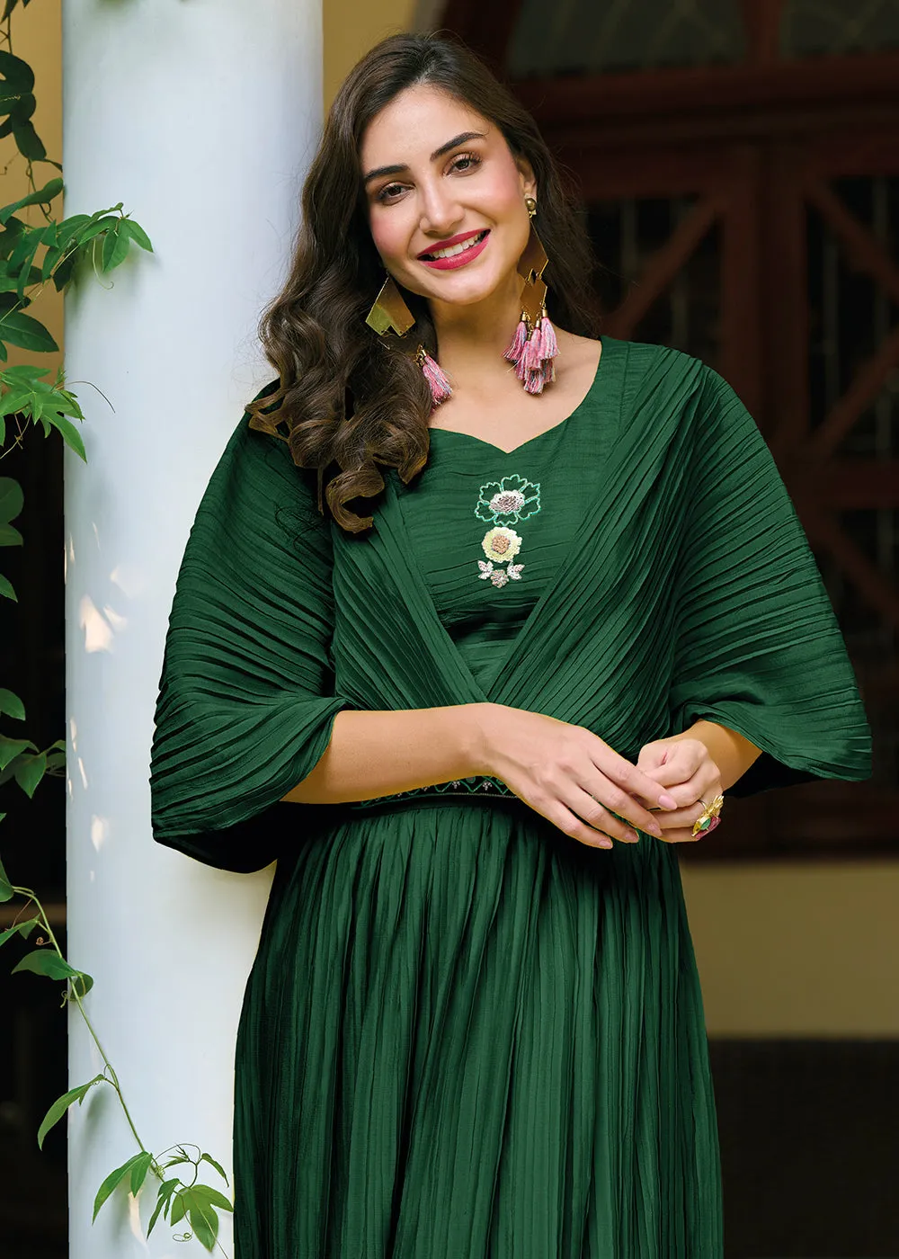 Bottle Green Chinon Party Wear Crushed Gown
