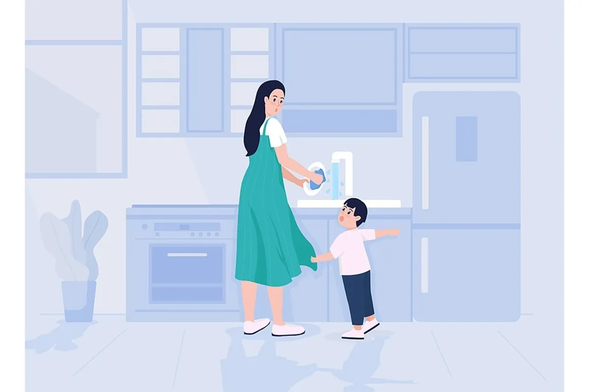 Child distracts mother flat color vector illustration set