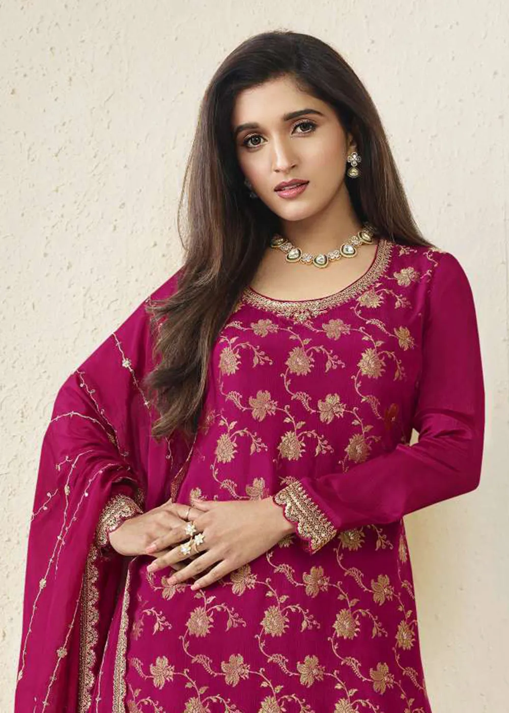 Chinnon Jacquard Rani Pink Zari Embroidered Palazzo Suit