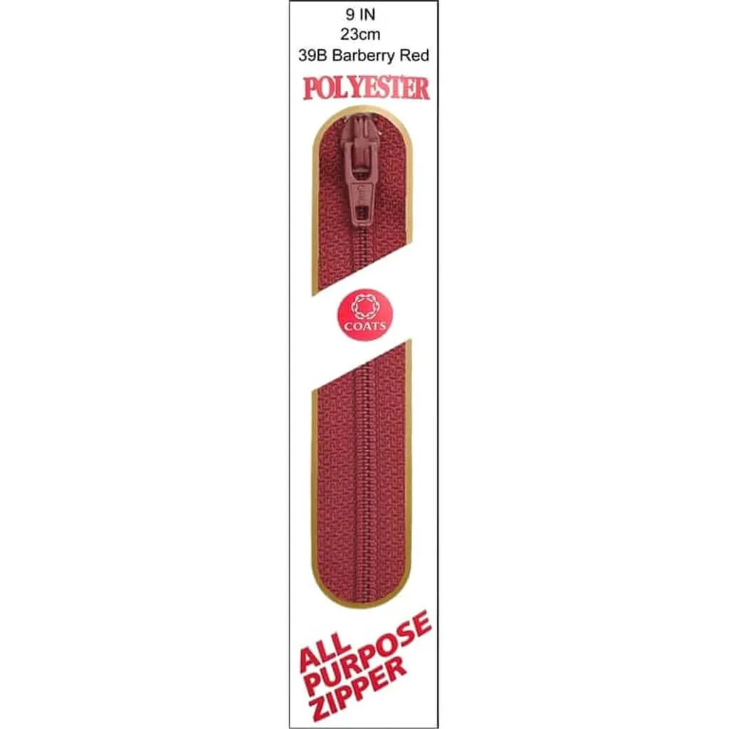 Coats All-Purpose Plastic Zipper 9in Barberry Red