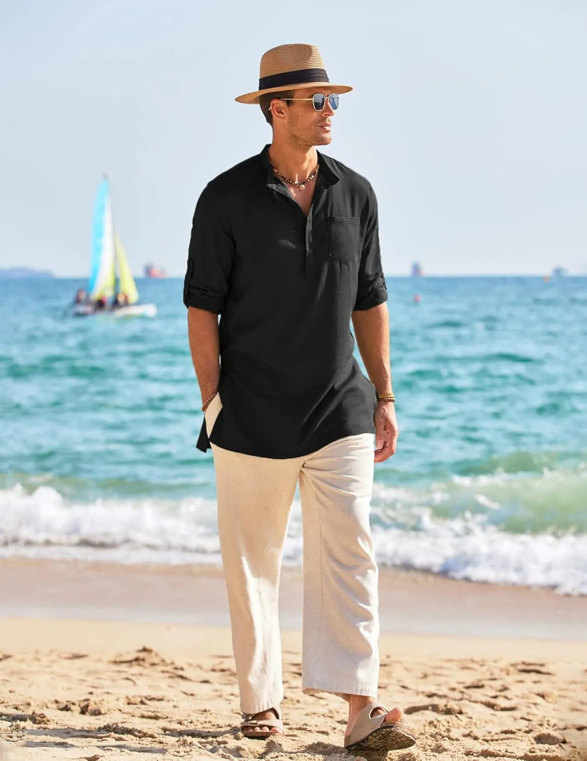 COOFANDY Men's Linen Henley Shirts Long Sleeve Collarless T-Shirts Longline Kurta Beach Shirts with Pocket