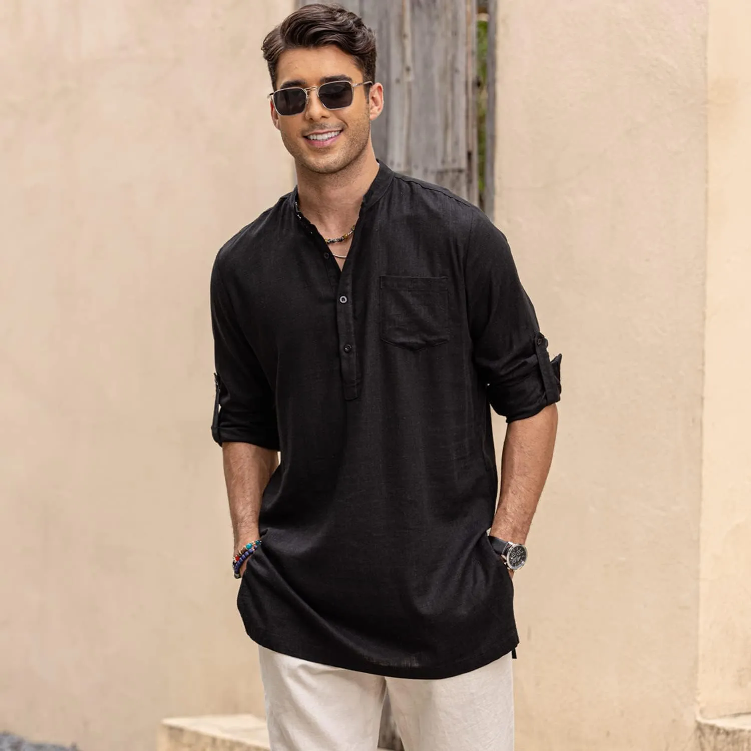 COOFANDY Men's Linen Henley Shirts Long Sleeve Collarless T-Shirts Longline Kurta Beach Shirts with Pocket