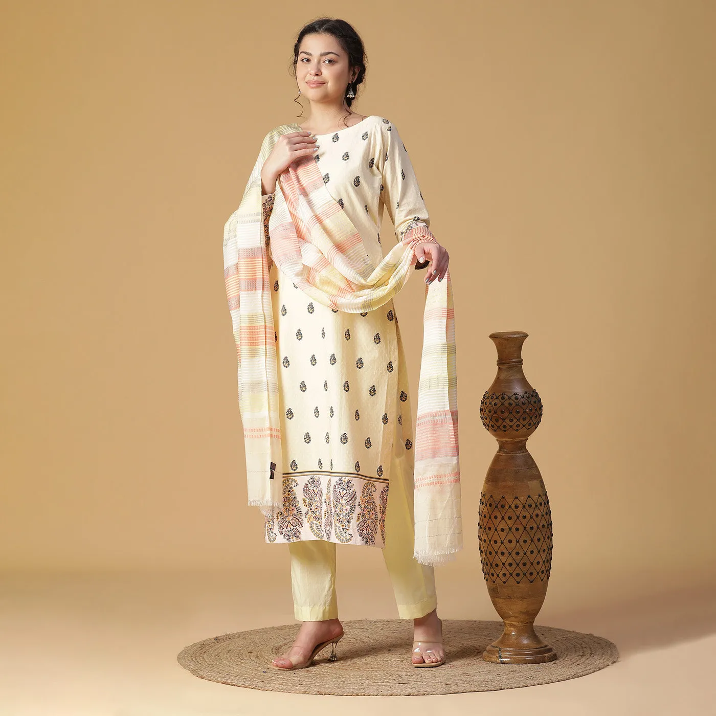 Dark Beige Woven Design Unstitched Suit Co-ords Set