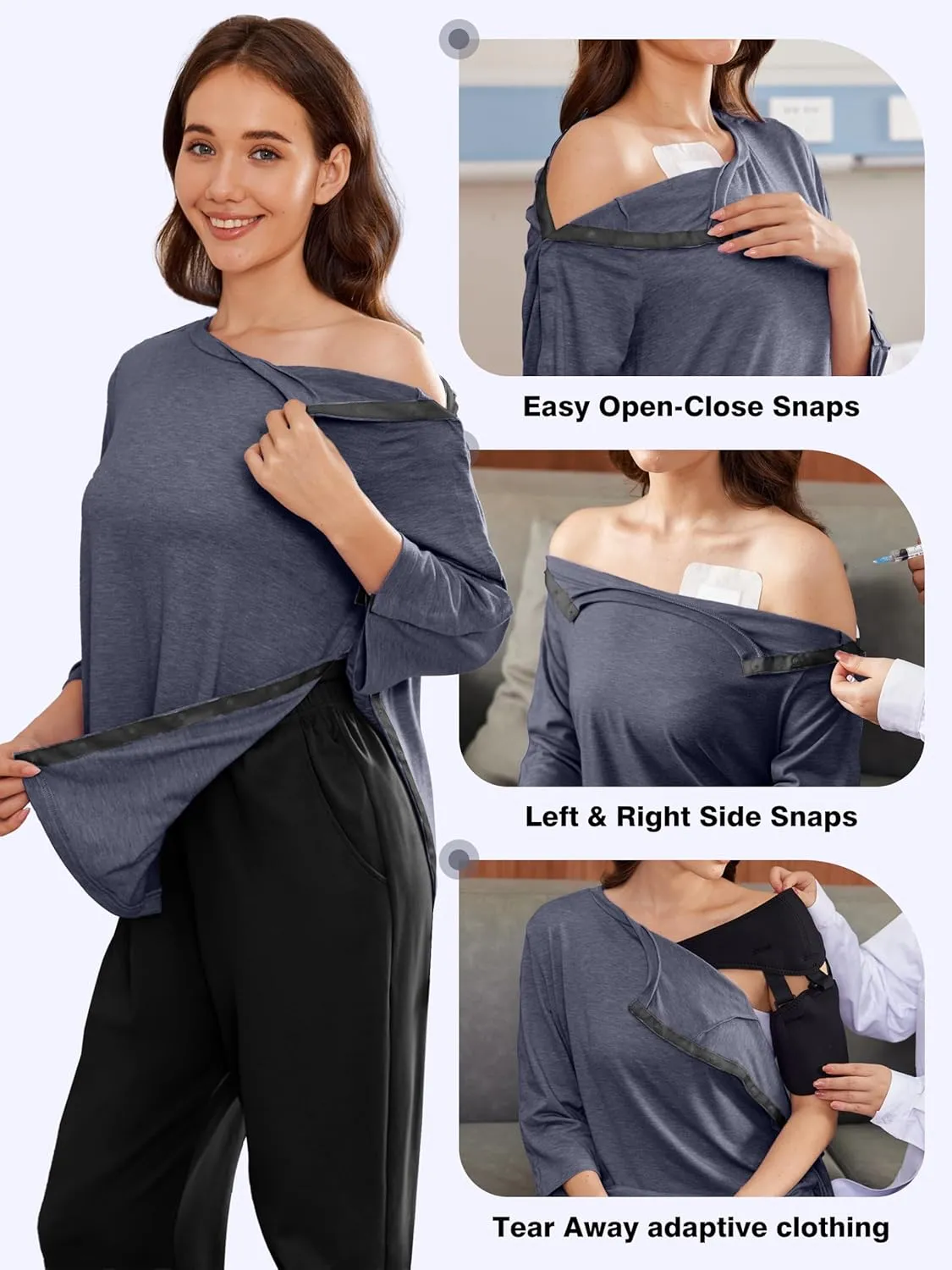 Deyeek Post Shoulder Surgery Shirts for Women Tear Away 3/4 Tops After Rotator Cuff Shirts Chemo Port Adaptive Clothing