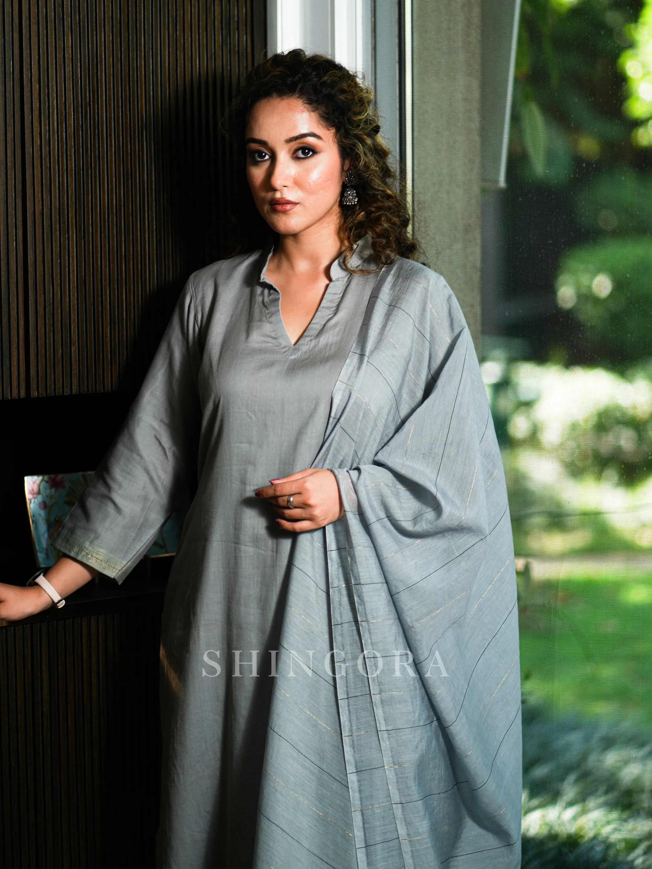 Dhari: Grey Cotton Unstitched Suit & Striped Dupatta