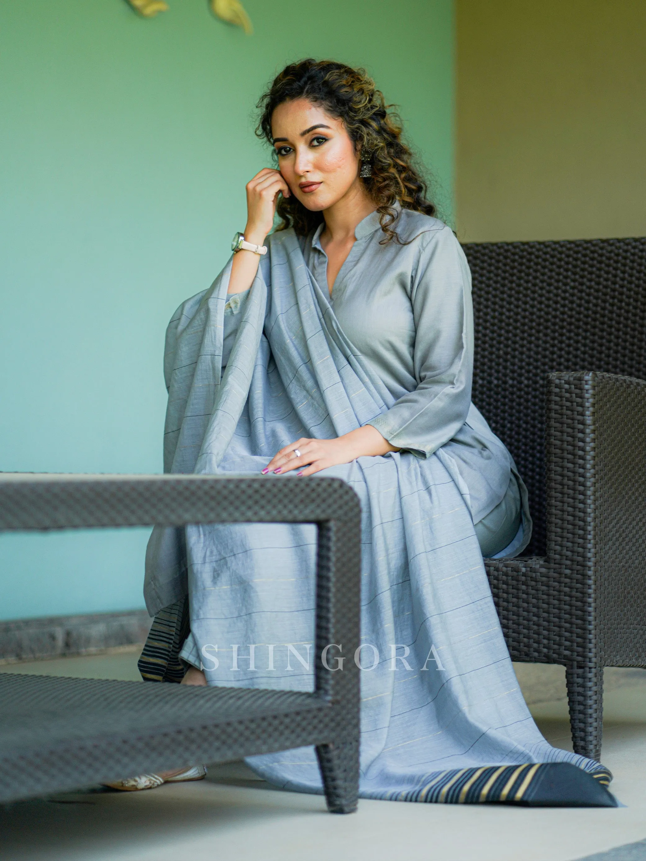 Dhari: Grey Cotton Unstitched Suit & Striped Dupatta