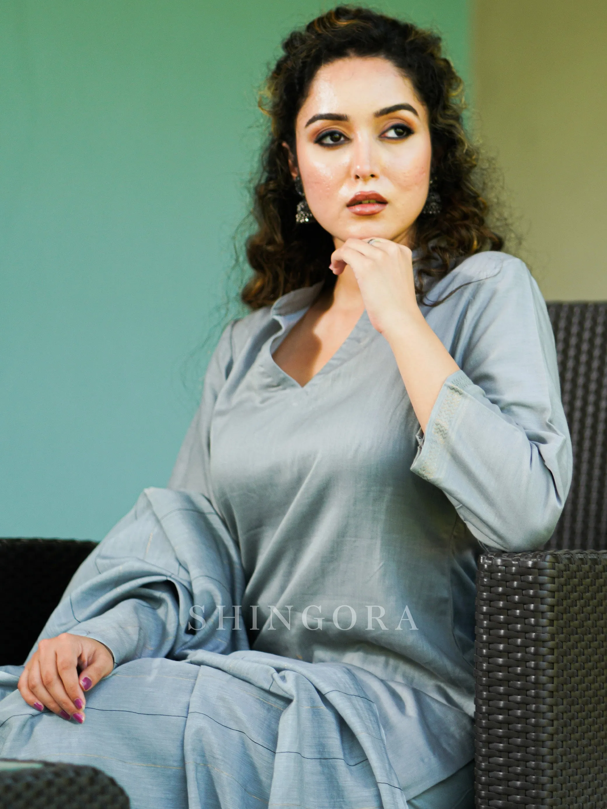 Dhari: Grey Cotton Unstitched Suit & Striped Dupatta