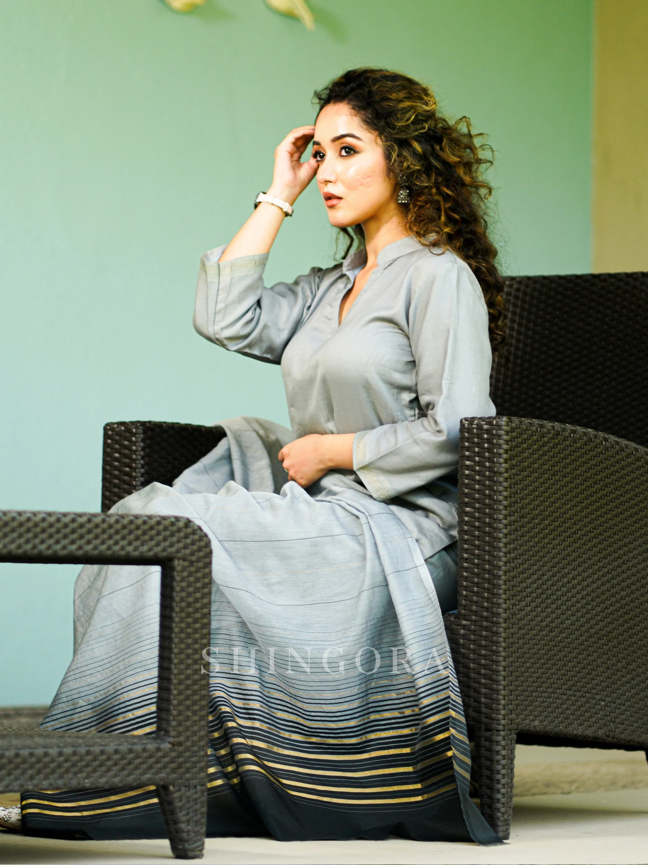 Dhari: Grey Cotton Unstitched Suit & Striped Dupatta
