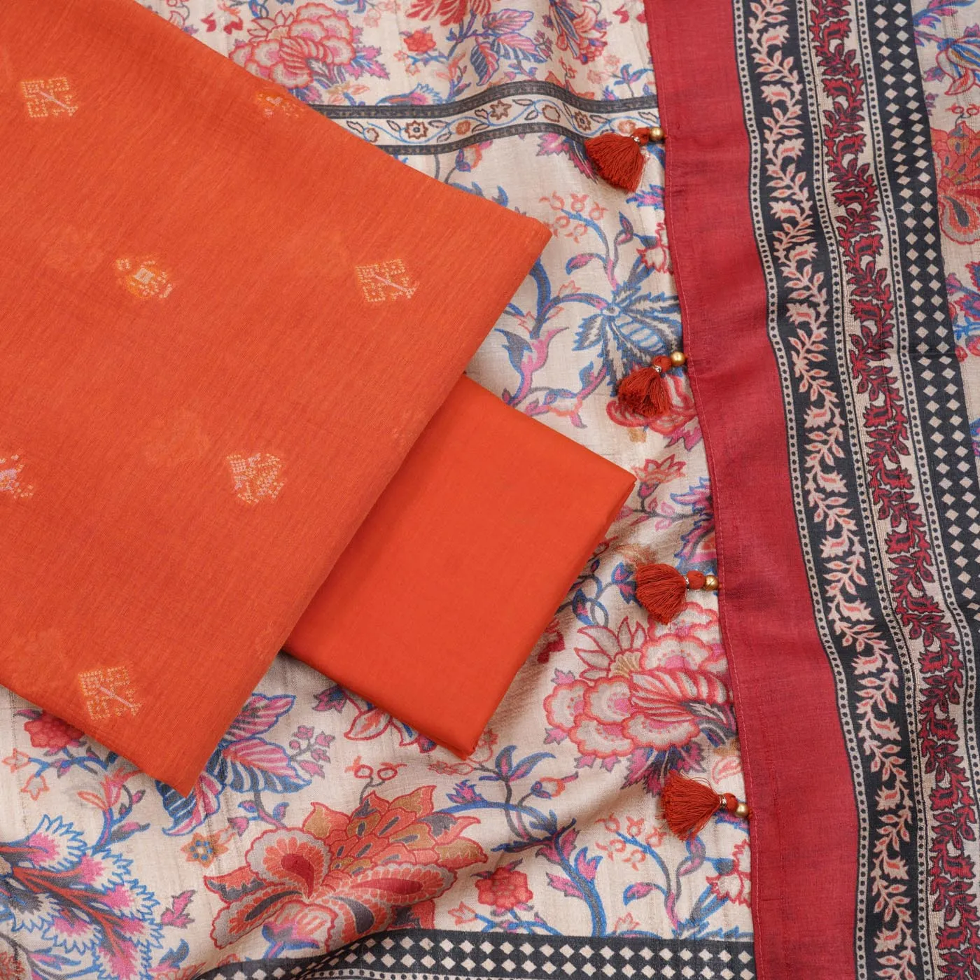 Diamond Orange Unstitched Suit Co-Ord with Silk Dupatta