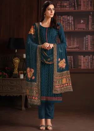 Embroidered Teal Blue Chinnon Festive Salwar Suit Embroidered Teal Blue Chinnon Festive Salwar Suit