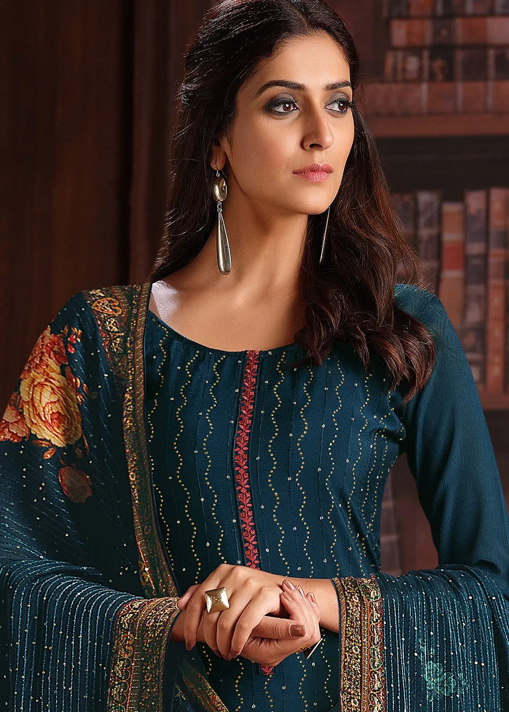 Embroidered Teal Blue Chinnon Festive Salwar Suit