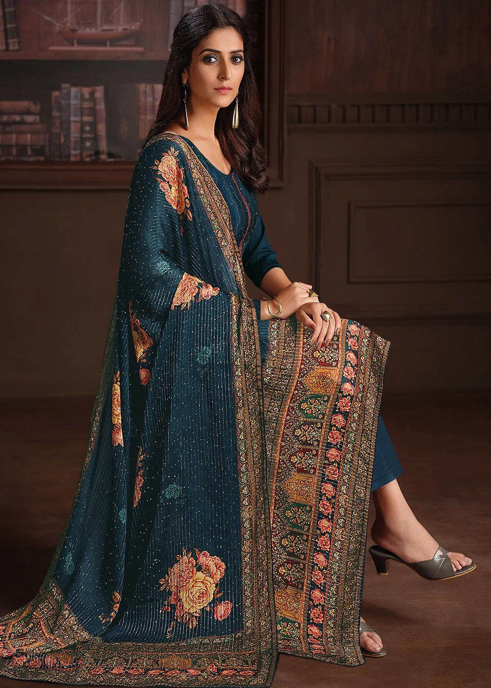 Embroidered Teal Blue Chinnon Festive Salwar Suit