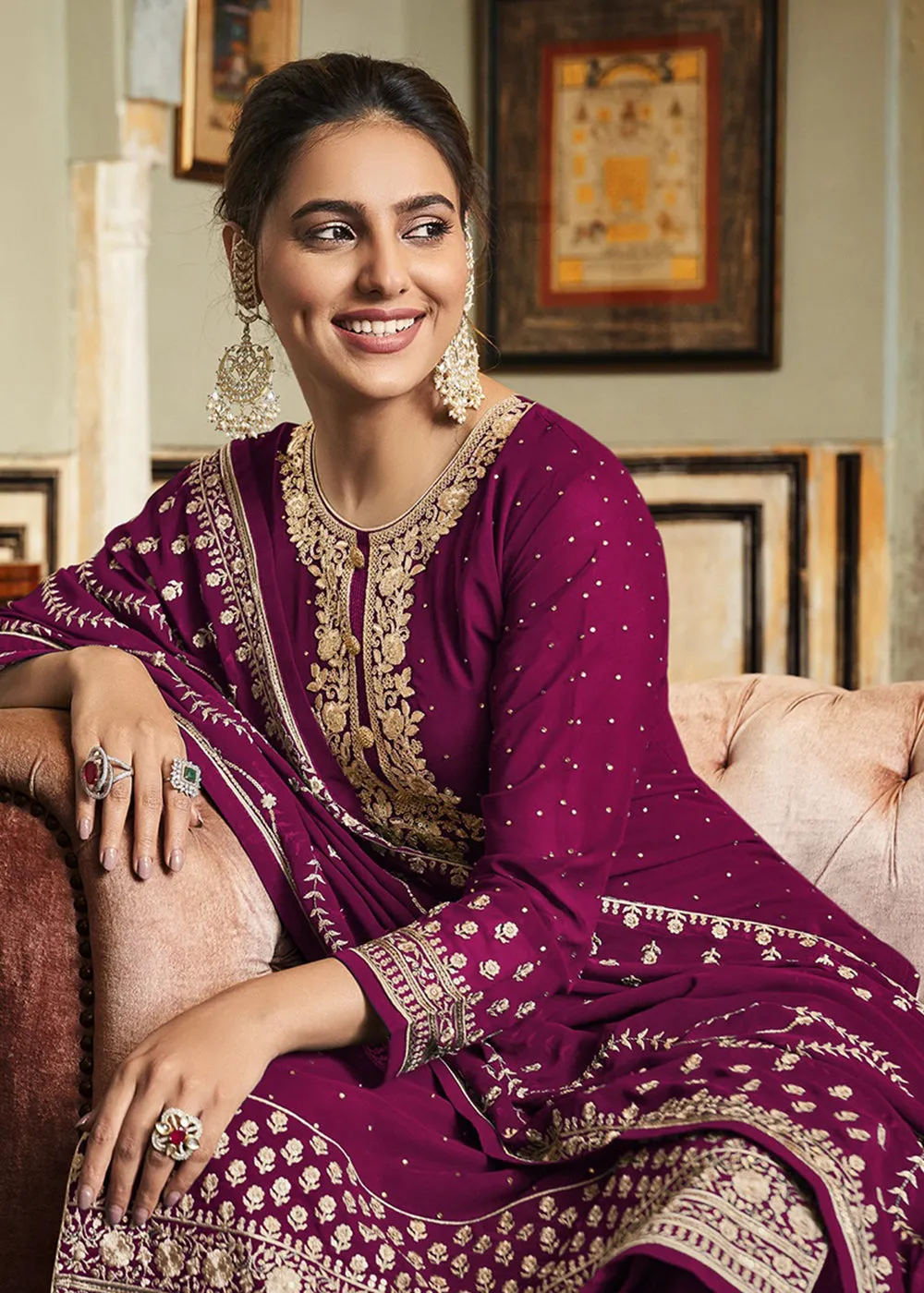 Engrossing Pink Diamond Swarovski Work Palazzo Salwar Suit