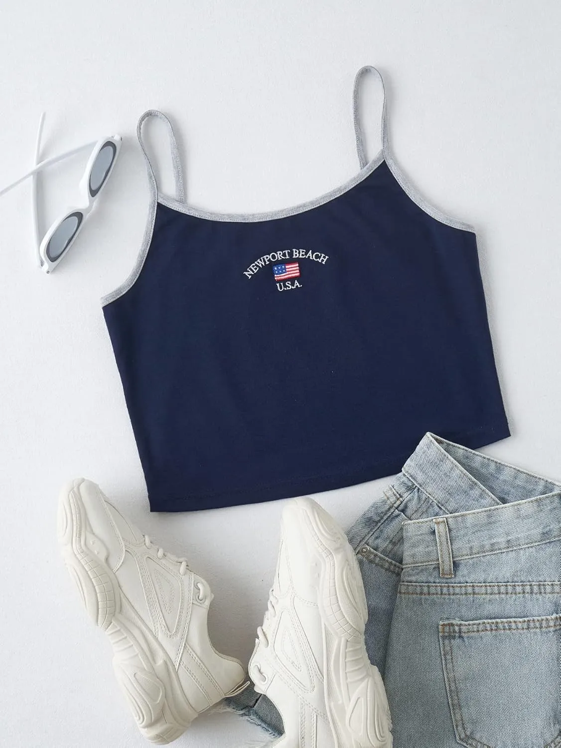 Floerns Women's Casual Letter Embroidery Crop Cami Top Sleeveless Top
