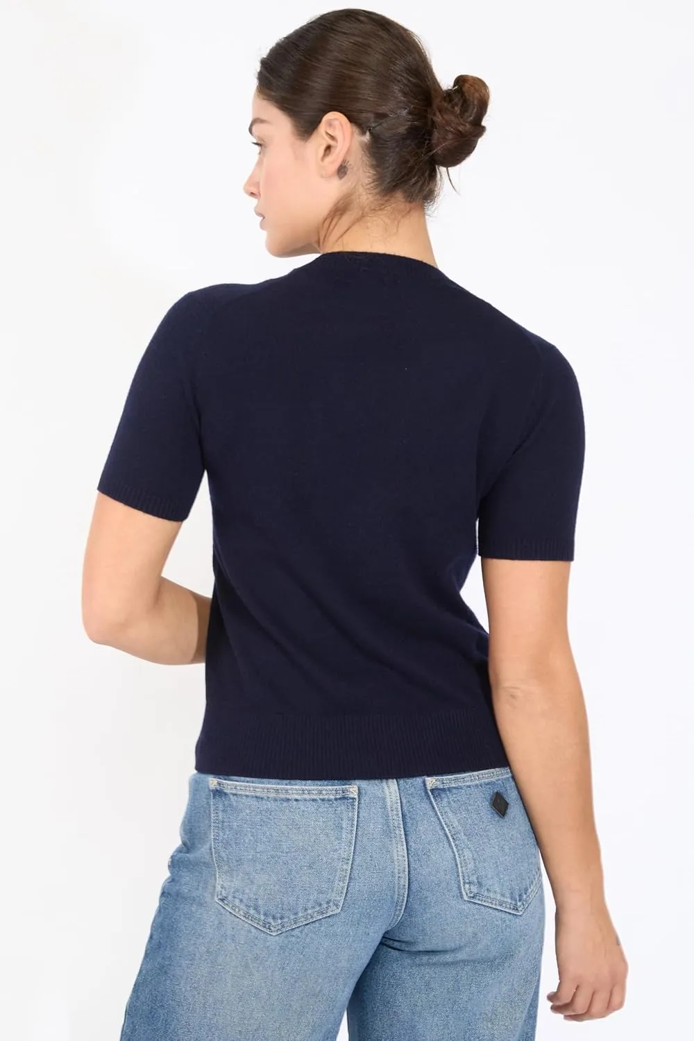 JENNIE LIU Womens 100% Cashmere Crewneck Short Sleeve Sweater