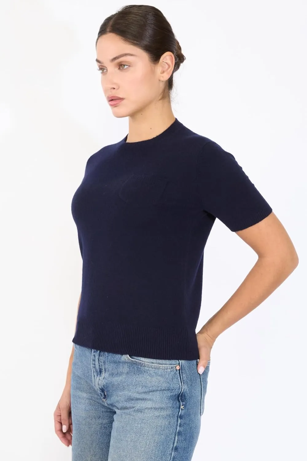 JENNIE LIU Womens 100% Cashmere Crewneck Short Sleeve Sweater