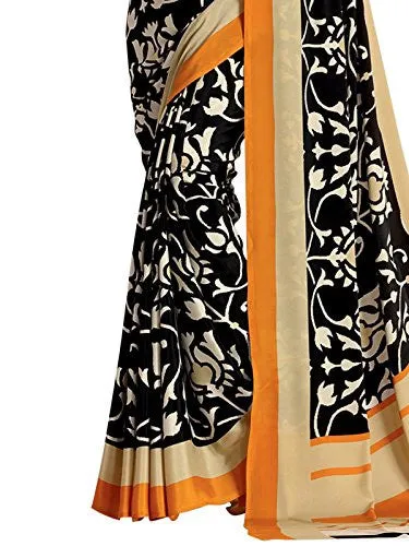 Kanchnar Women's Beige and Black Crepe Printed Casual Wear Saree,Traditional Wear Gift to Wife,Mom,Sister,Friend