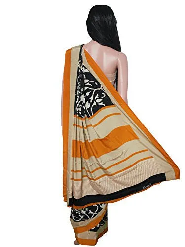 Kanchnar Women's Beige and Black Crepe Printed Casual Wear Saree,Traditional Wear Gift to Wife,Mom,Sister,Friend