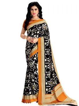 Kanchnar Women's Beige and Black Crepe Printed Casual Wear Saree,Traditional Wear Gift to Wife,Mom,Sister,Friend