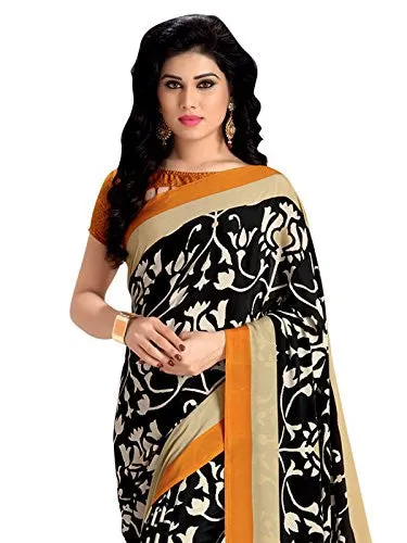 Kanchnar Women's Beige and Black Crepe Printed Casual Wear Saree,Traditional Wear Gift to Wife,Mom,Sister,Friend