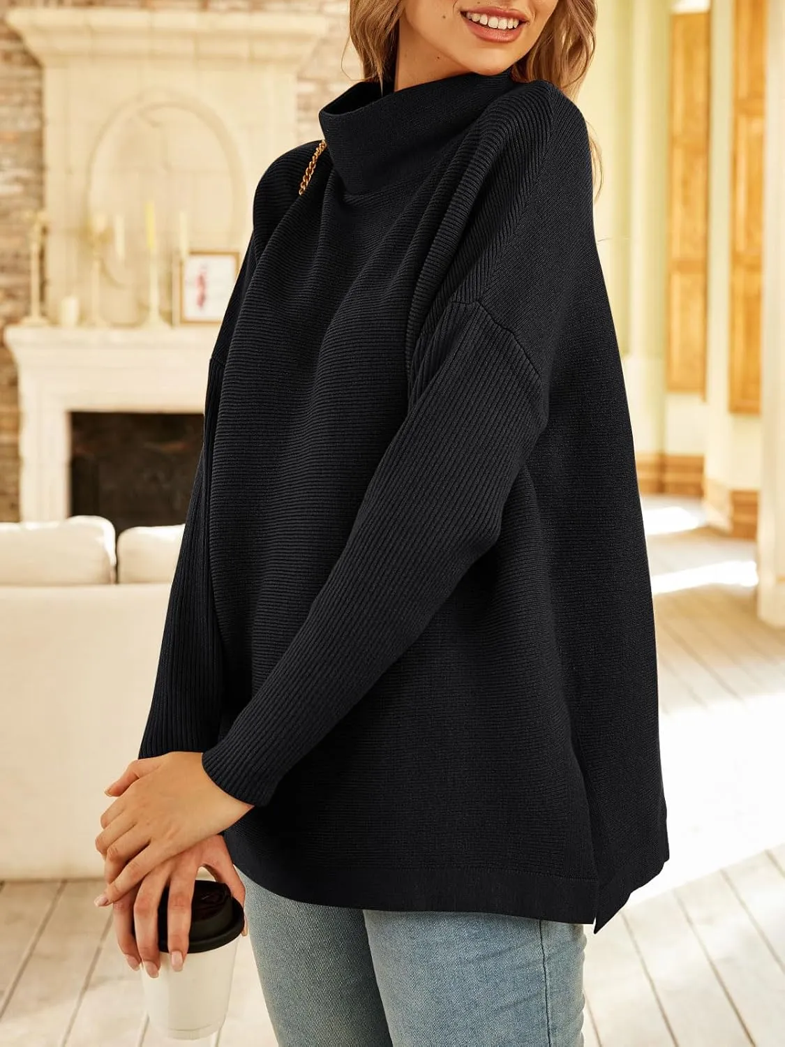 LILLUSORY Women's Mock Turtleneck Sweater Oversized Long Sleeve Casual Knit Pullover Tunic Tops Wear with Leggings