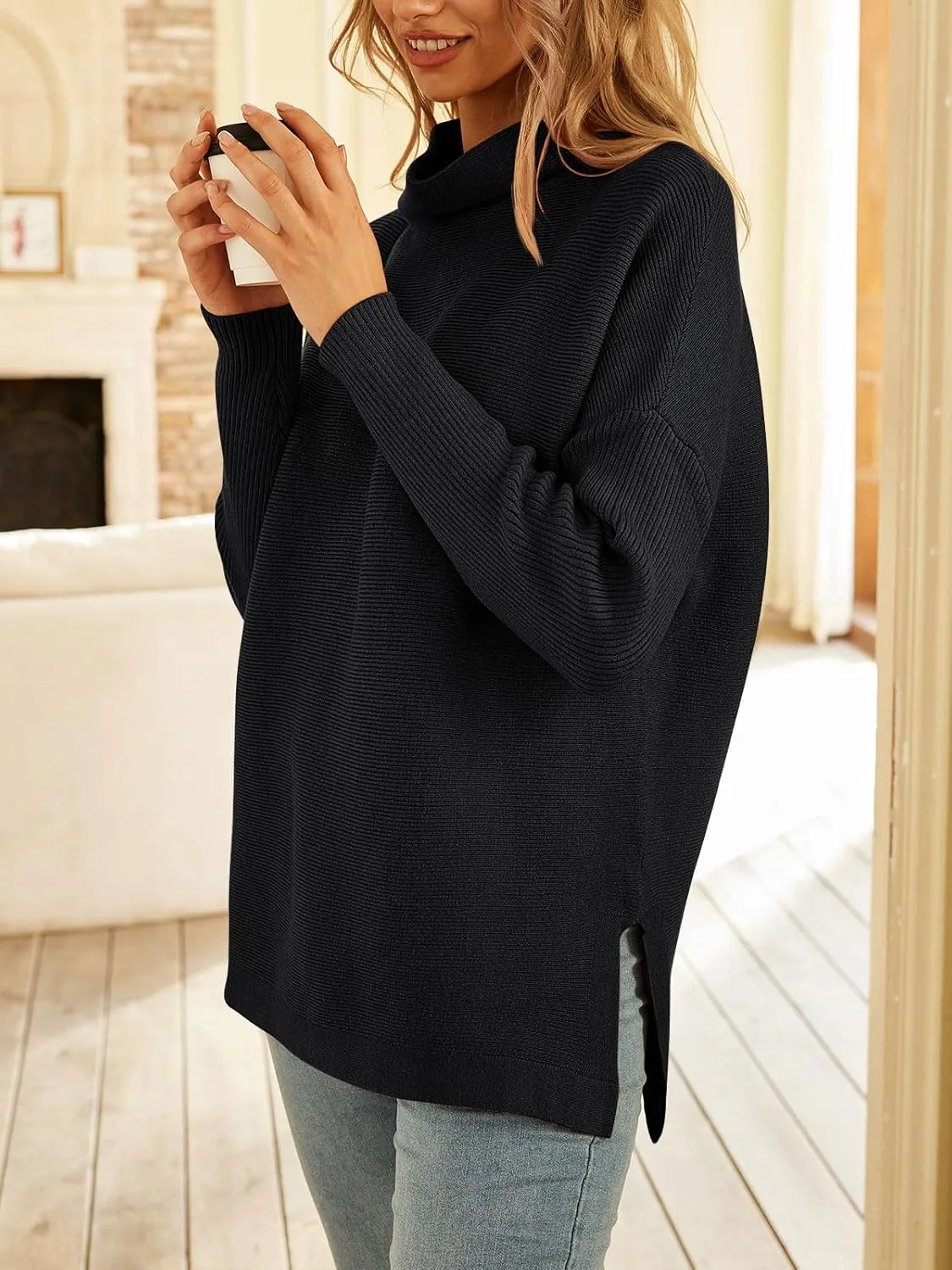 LILLUSORY Women's Mock Turtleneck Sweater Oversized Long Sleeve Casual Knit Pullover Tunic Tops Wear with Leggings