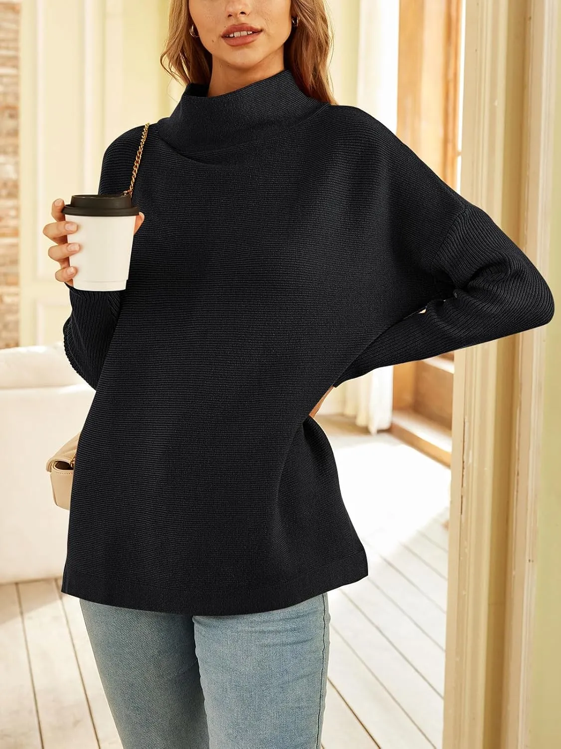 LILLUSORY Women's Mock Turtleneck Sweater Oversized Long Sleeve Casual Knit Pullover Tunic Tops Wear with Leggings