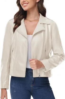 MAGCOMSEN Women's Leather Jacket Zipped Moto Jacket Lightweight Faux Leather Biker Jackets Fall Autumn Lapel Jackets