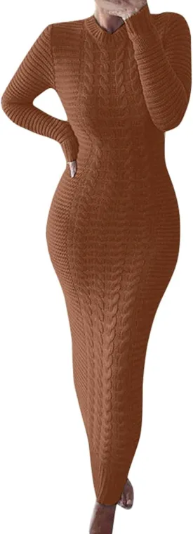 Maxi Sweaters Dress for Womens Winter Warm Casual Loose Knit Dress Fashion Cable Fall Slim Fit Funnel Collar Pullover