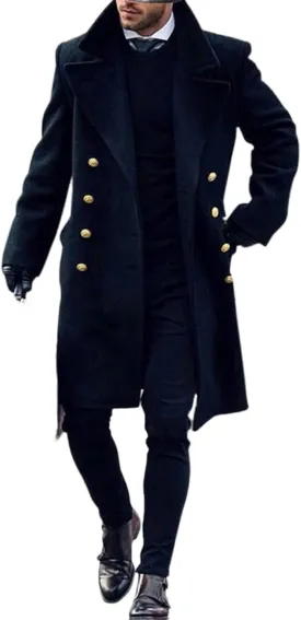 Mens Duffle Coat Wool Blend Single Breasted Walking Toggle Coats Mid Long Trench Coat with Hood for Big and Tall Men