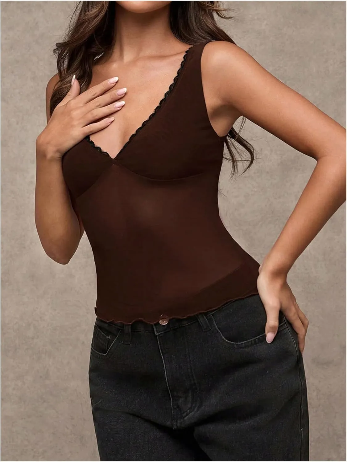 Milumia Women's Sheer Mesh Lace Trim V Neck Tank Top See Through Sleeveless Lettuce Trim Top
