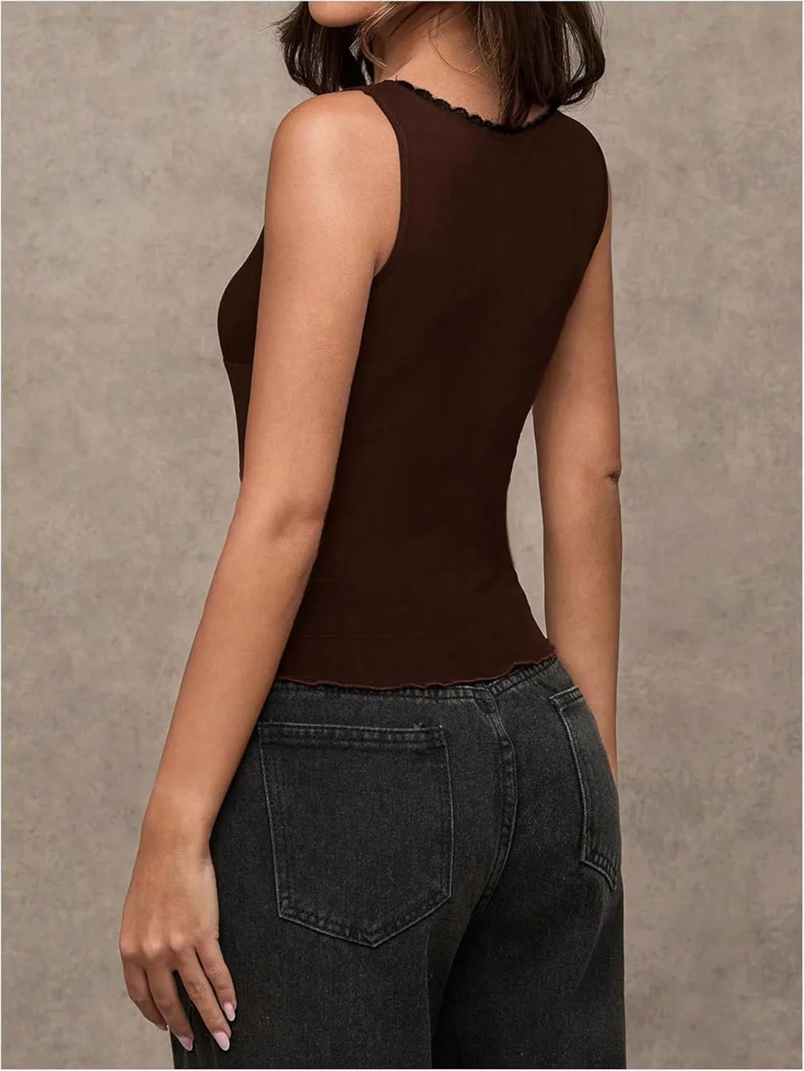Milumia Women's Sheer Mesh Lace Trim V Neck Tank Top See Through Sleeveless Lettuce Trim Top