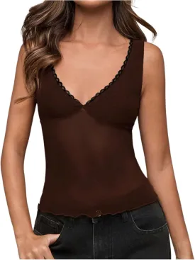 Milumia Women's Sheer Mesh Lace Trim V Neck Tank Top See Through Sleeveless Lettuce Trim Top