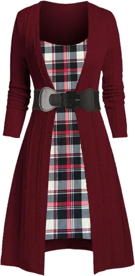 Plaid Patchwork Cable Knit Women Dress Sweater Spring Autumn Knee-Length Long Sleeves Fall