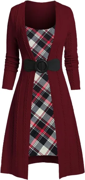 Plaid Patchwork Cable Knit Women Dress Sweater Spring Autumn Knee-Length Long Sleeves Fall