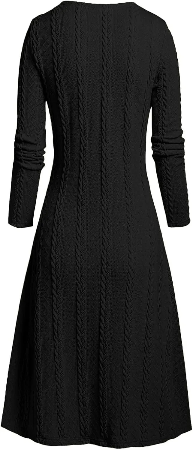 Plaid Patchwork Cable Knit Women Dress Sweater Spring Autumn Knee-Length Long Sleeves Fall